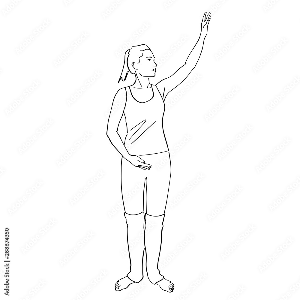 Body ballet. Female silhouette in leggings. Contemporary and popular fitness. Hand drawn outlines. Black lines drawing. Vector isolated contour.