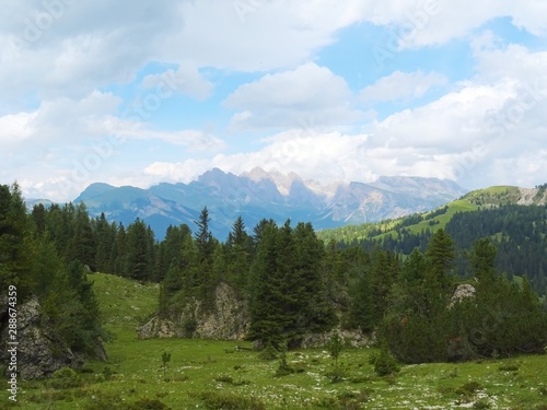 Some peaks of the Dolomites immersed in the nature of the Val di Fassa, near the town of Canaze, Italy - August 2019.