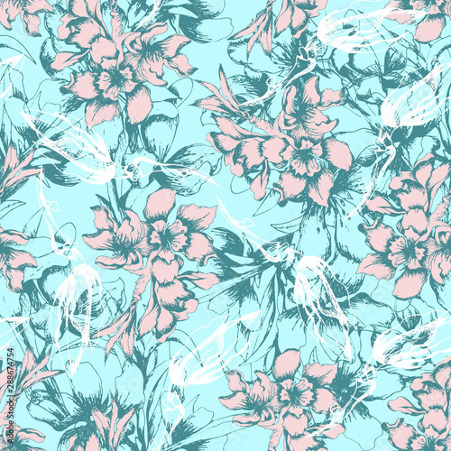 Floral pattern for fabric. Painted flowers on a blue background. Vector geometric seamless pattern. © Irina