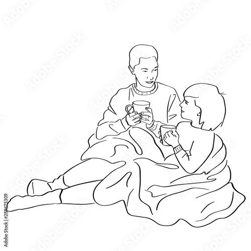 Mother and child wrapped in blanket drink hot cocoa. Family home scene. Cozy Scandinavian lifestyle. Female and kid silhouette in warm sweaters with mugs. Black lines drawing. Hand drawn style.