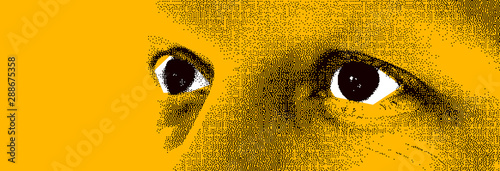 Looking eyes 8 bit dotted design style vector abstraction, human face stylized design element, black and yellow colors.