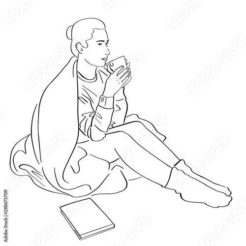 Young woman wrapped in blanket drinks coffee. Lagom and hugge concept. Cozy scandinavian lifestyle scene. Female silhouette in warm socks, sweater with cup of tea and book. Black lines drawing.