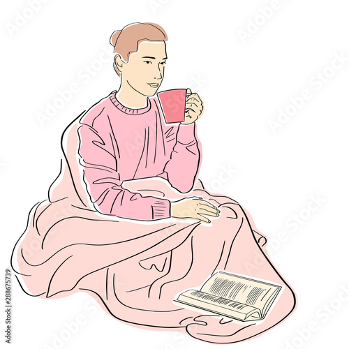 Young woman wrapped in blanket reads book. Lagom and hugge concept. Cozy scandinavian lifestyle scene. Girl in warm sweater with cup of coffee. Hand drawn style. Isolated black contour and colors.