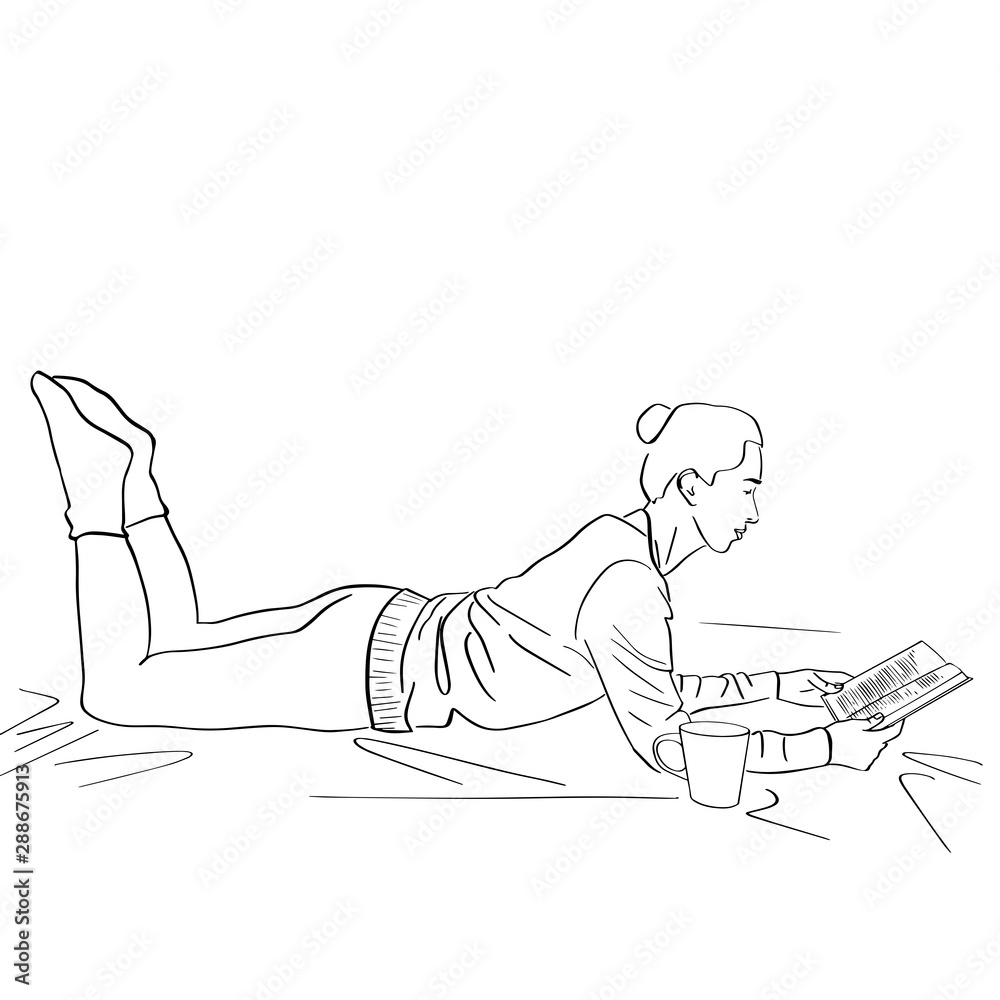 Young woman lies on the floor with cup of coffee and book. Lagom and hugge concept. Cozy scandinavian lifestyle scene. Female silhouette in a warm sweater and socks. Hand drawn style drawing.