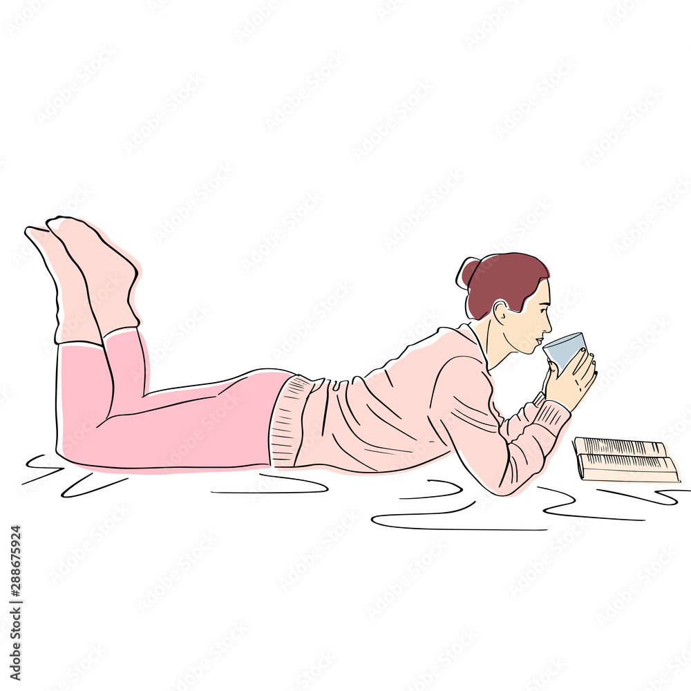 Young woman in warm sweater and socks lies with book and cup of coffee. Lagom and hugge concept. Cozy scandinavian lifestyle scene. Vector flat illustration. Hand drawn style. Young woman in warm sweater and socks lies with book and cup of coffee. Lagom and hugge concept. Cozy scandinavian lifestyle scene. Vector flat illustration. Hand drawn style.