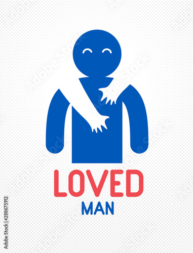 Beloved man with care hands of a lover woman hugging and caresses his shoulders, vector icon logo or illustration in simplistic symbolic style.