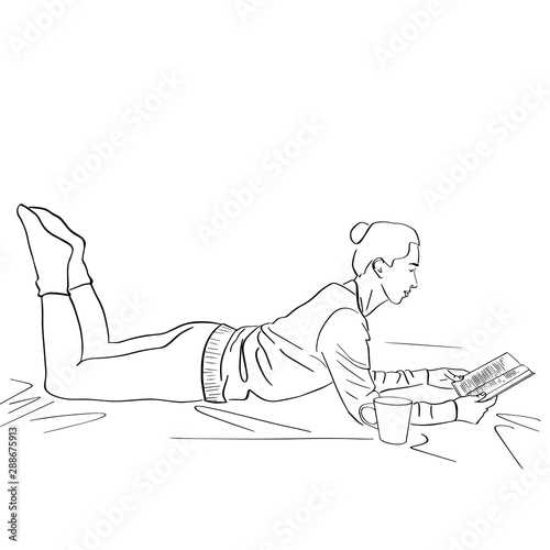 Young woman lies on the floor with cup of coffee and book. Lagom and hugge concept. Cozy scandinavian lifestyle scene. Female silhouette in a warm sweater and socks. Hand drawn style drawing.