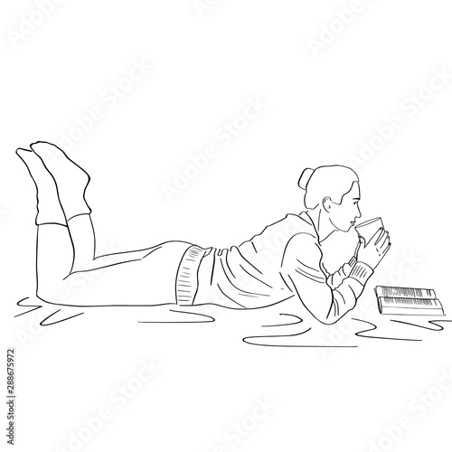 Young woman lies on the floor with cup of coffee and book. Lagom and hugge concept. Cozy scandinavian lifestyle scene. Female silhouette in a warm sweater and socks. Black lines drawing. 