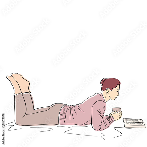 Young woman in warm sweater and socks lies with book and cup of coffee. Lagom and hugge concept. Cozy scandinavian lifestyle scene. Vector flat illustration. Hand drawn style.