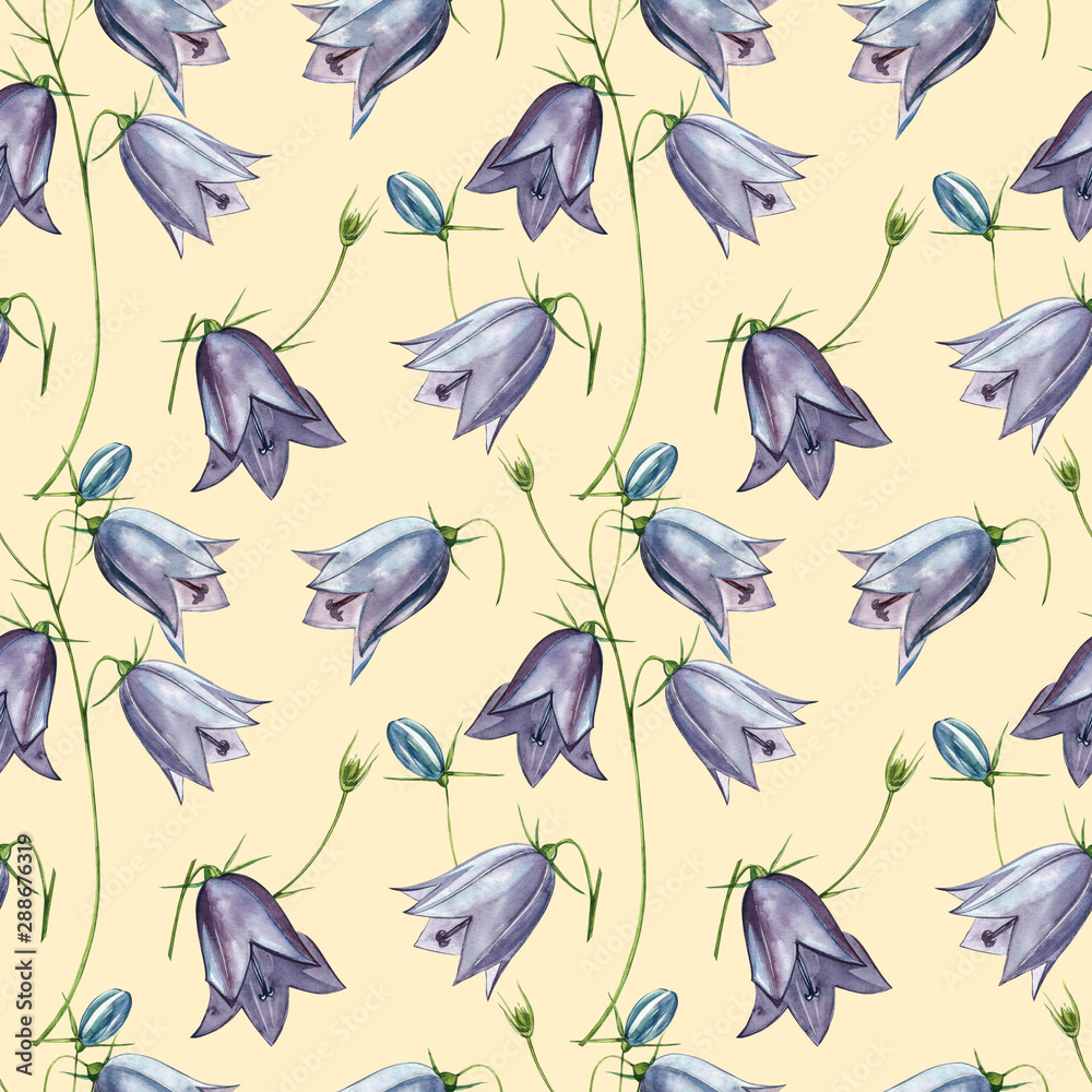 Obraz premium Bellflower blossoms, leaves and bouquets set. Seamless patterns. Watercolor set of flowers and leaves, hand drawn floral illustration isolated on a white background. Botanical art.