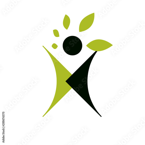 Go green idea creative logo. Healthy lifestyle metaphor. Vegetarian theme icon.Vector illustration of excited abstract person with raised hands up.