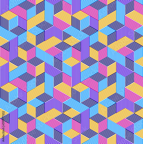 Seamless isometric lines geometric pattern, 3D cubes vector tiling background, architecture and construction, wallpaper design.