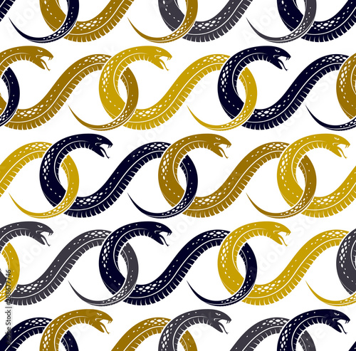 Snakes seamless background, vector dangerous venom serpents pattern, vintage style drawing tiling endless wallpaper.