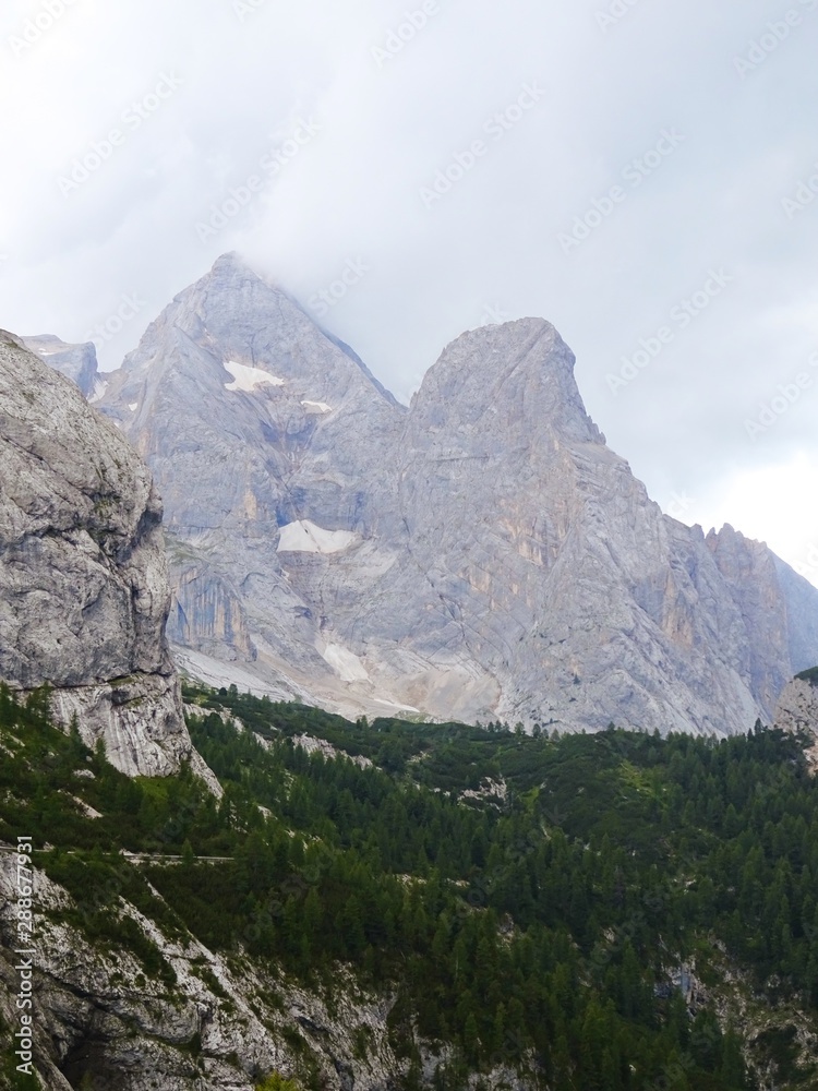 Some peaks of the Dolomites immersed in the nature of the Val di Fassa, near the town of Canaze, Italy - August 2019.