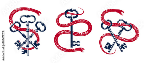 Snake wraps around vintage key, protected secret concept, turnkey and serpent old style tattoo, vector symbol logo or emblem.