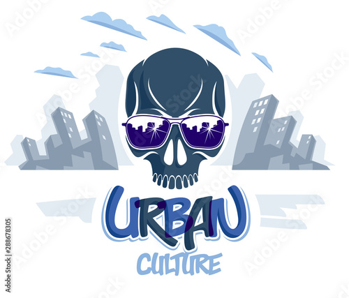 Urban culture style skull in sunglasses vector logo or emblem, gangster or thug illustration, anarchy chaos hooligan, ghetto theme.