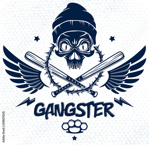 Criminal tattoo ,gang emblem or logo with aggressive skull baseball bats and other weapons and design elements, vector, bandit ghetto vintage style, gangster anarchy or mafia theme.