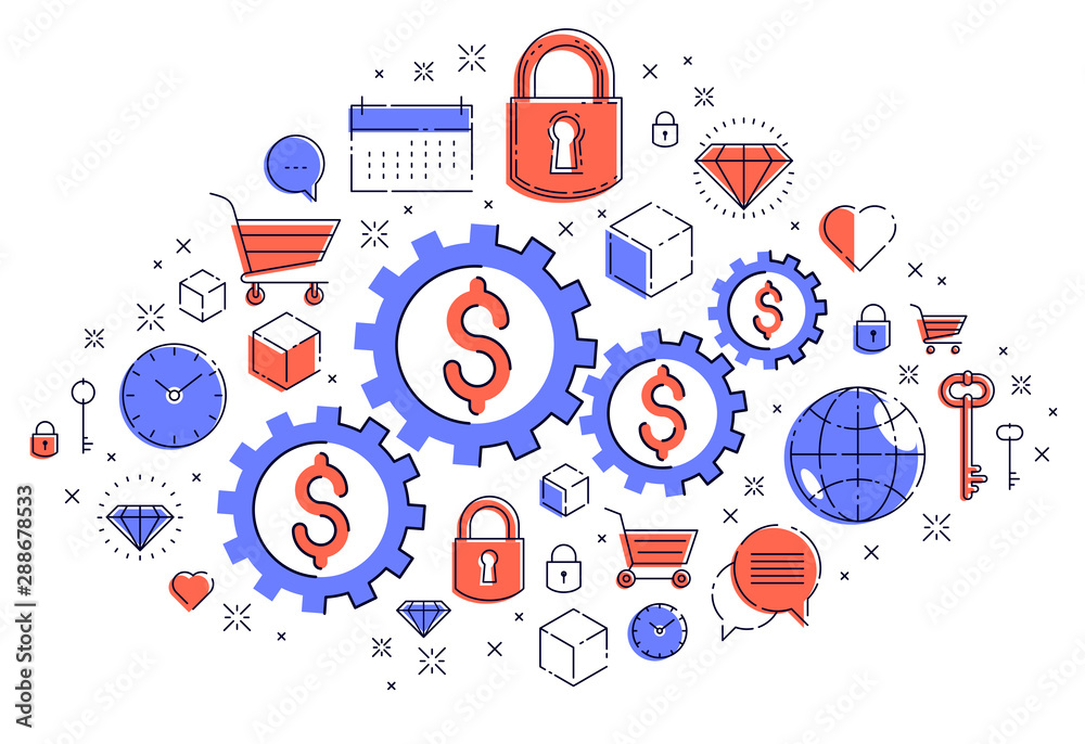 Economy system and business concept, gears and cogs mechanism with dollar signs and icon set, allegory design of systematic business and financial activity, vector illustration. Economy system and business concept, gears and cogs mechanism with dollar signs and icon set, allegory design of systematic business and financial activity, vector illustration.