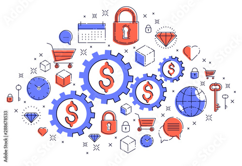 Economy system and business concept, gears and cogs mechanism with dollar signs and icon set, allegory design of systematic business and financial activity, vector illustration.