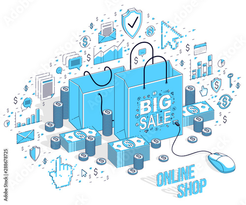 Online Shop concept, web store, internet sales, Shopping bag with pc mouse connected isolated on white. 3d vector business isometric illustration with icons, stats charts and design elements.