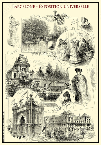 1888 Barcelona Universal Exposition poster, for the International World's Fair an advertisig page of the city beauties: architecture, parks and the attractive Spanish girls photo
