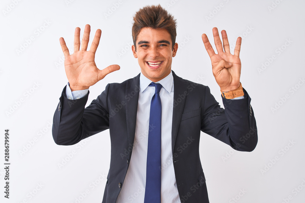Young handsome businessman wearing suit standing over isolated white background showing and pointing up with fingers number nine while smiling confident and happy. Young handsome businessman wearing suit standing over isolated white background showing and pointing up with fingers number nine while smiling confident and happy.