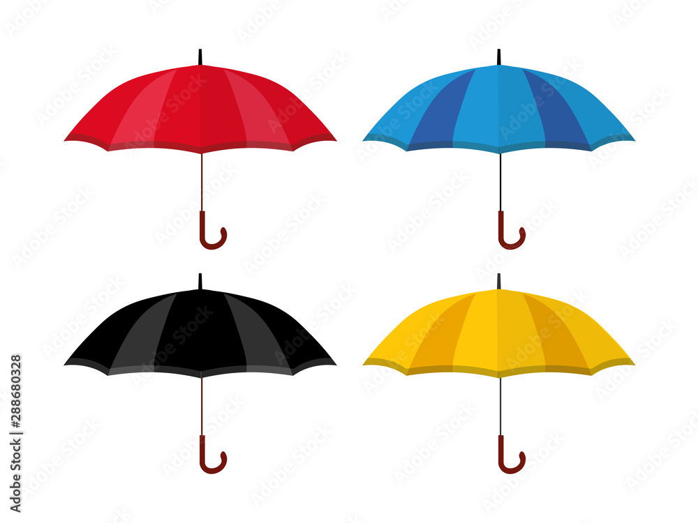 Set of umbrellas icons. Yellow, black, red and blue umbrellas. Flat design Vector Illustration eps