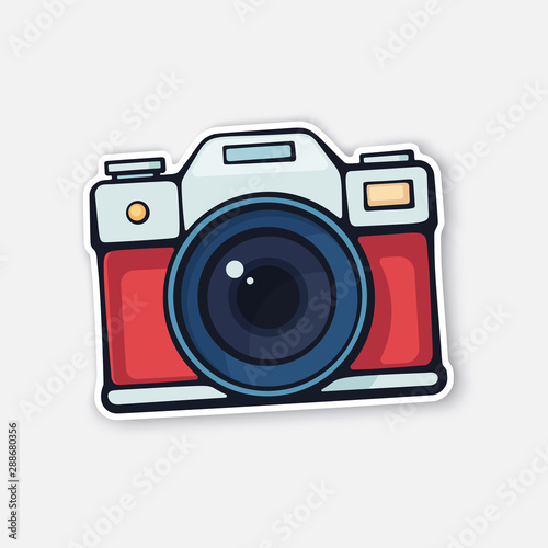 Vector illustration. Cute film retro photo camera. Modern digital device with lens in vintage style. Sticker with contour. Isolated on white background