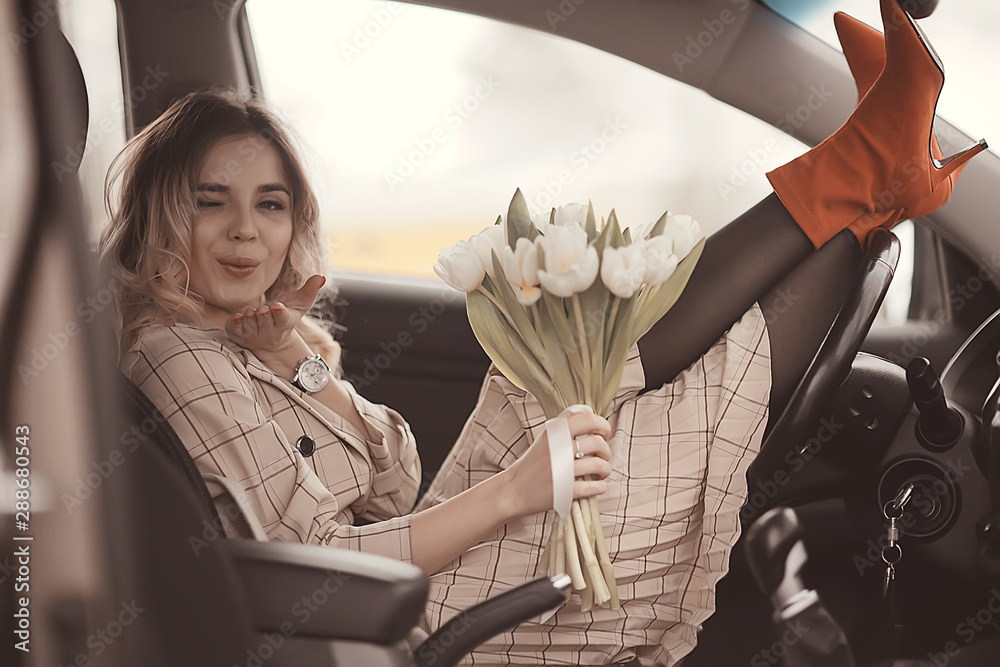 girl spring auto / happy girl in the car, travel spring mood happiness - obrazy, fototapety, plakaty 