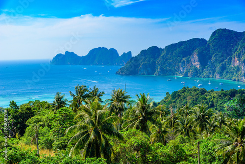 Koh Phi Phi Don, Viewpoint - Paradise bay with white beaches. View from the top of the tropical island over Tonsai Village, Ao Tonsai, Ao Dalum. Krabi Province, Thailand.