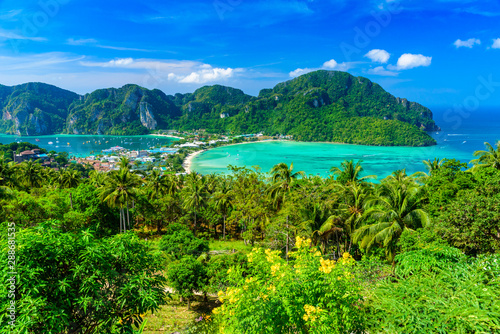 Koh Phi Phi Don, Viewpoint - Paradise bay with white beaches. View from the top of the tropical island over Tonsai Village, Ao Tonsai, Ao Dalum. Krabi Province, Thailand.