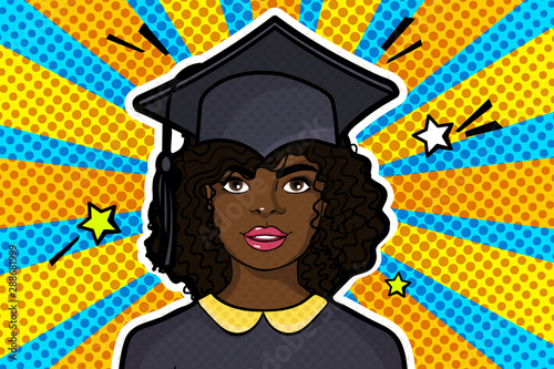 Concept of a graduating class. Girl in Graduation cap in pop art style