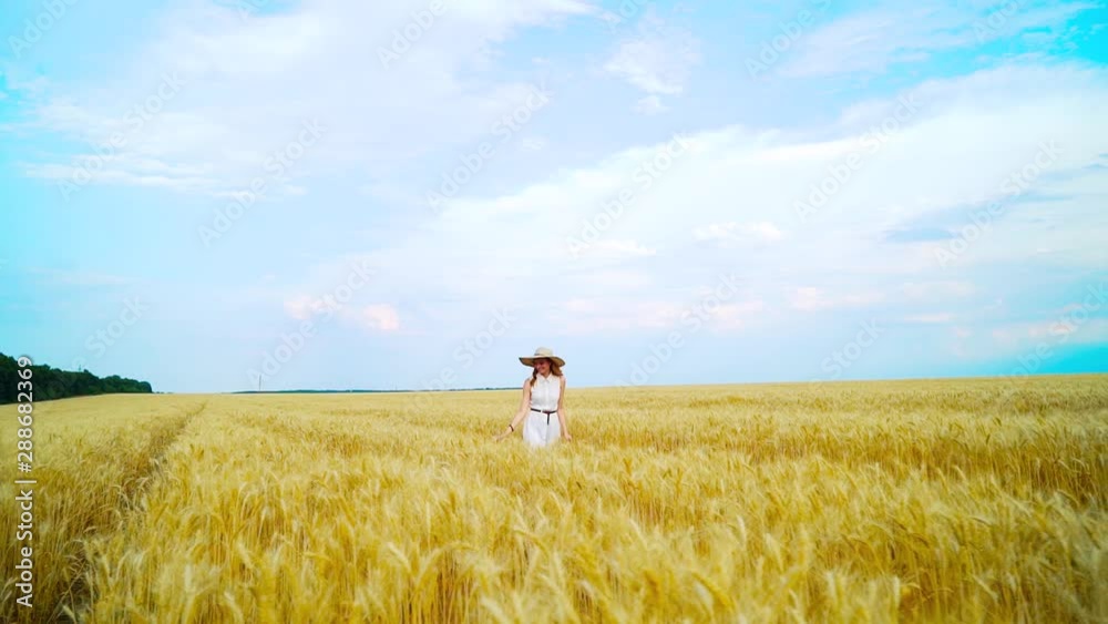 Happy romantic red haired woman walking on wheat field Happy romantic red haired woman walking on wheat field
