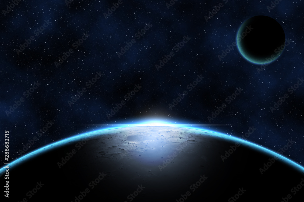 Giant blue planet against starry cosmos sky, fantasy image based on amateur moon astrophotography