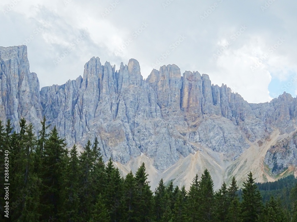 The Latemar Massif, one of the most spectacular peaks of the Dolomites seen from the woods of Trentino, near the village of Carezza, Italy - August 2019. The Latemar Massif, one of the most spectacular peaks of the Dolomites seen from the woods of Trentino, near the village of Carezza, Italy - August 2019.
