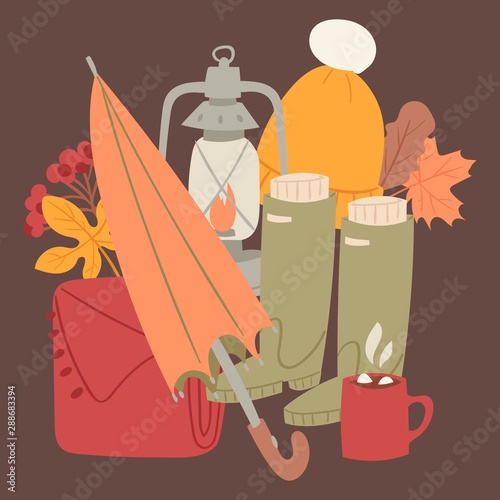 Cosy autumn concept card vector illustration. Pastel colors of autumn items, umbrella, lantern and woolen hat, plaid with mug and autumnal leaves. Fall rainy cold poster or postcard