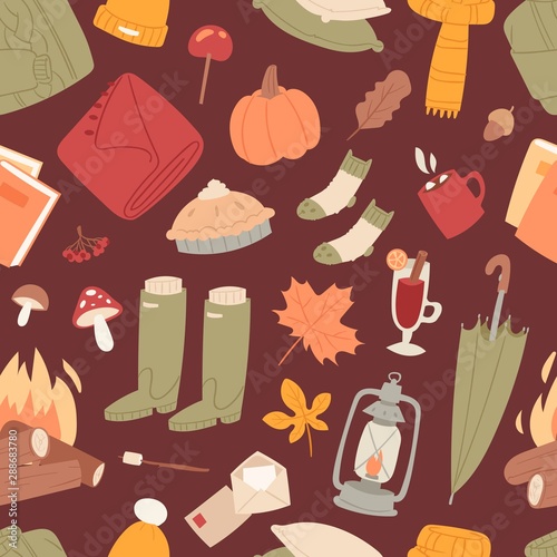 Autumn items seamless pattern texture vector illustration with rubber boots, plaid, lantern with autumnal leaves, socks, mug and umbrella on dark red. Wrapping paper or fall holiday decoration items