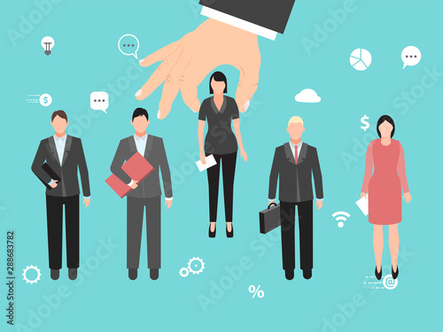 Choosing the ideal candidate vector illustration. Big hand is choosing the best employee among other candidates. Group of employee and choice ideal candidate.