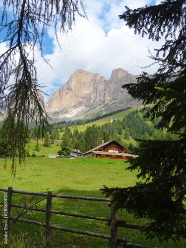 The "Roda di Vael", one of the peaks of the Dolomites of the Catinaccio / Rosengarten massif seen from the woods of Trentino, near the village of Carenzza, Italy - August 2019.