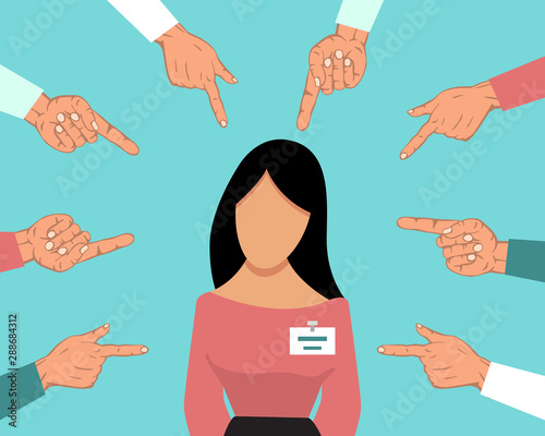 Accusation guilty person female. Unhappy guilty girl is blamed by many people fingers pointing at her. Girl accused vector illustration
