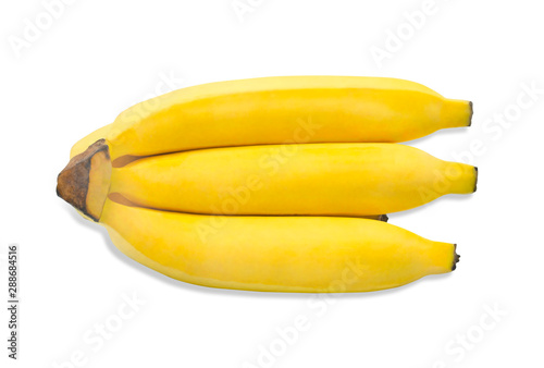 Top view, Ripe yellow Bunch of bananas isolated on white background. Flat lay