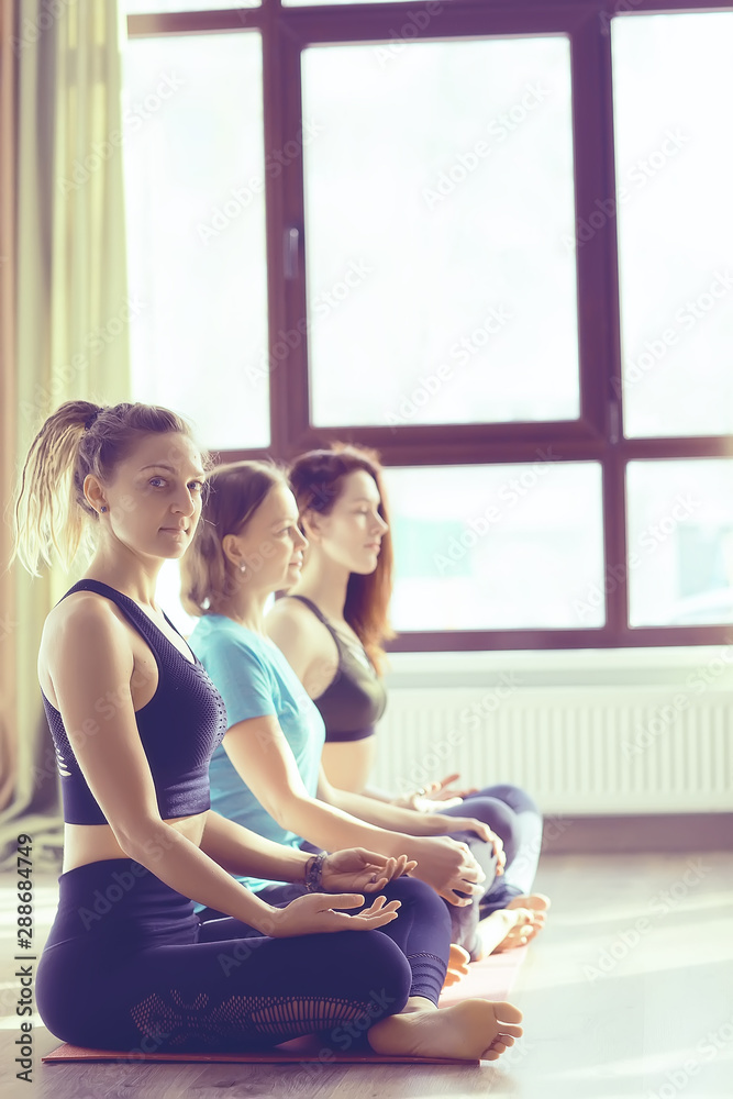 group of yoga girls gym / concept healthy body, sporty lifestyle, girls doing yoga