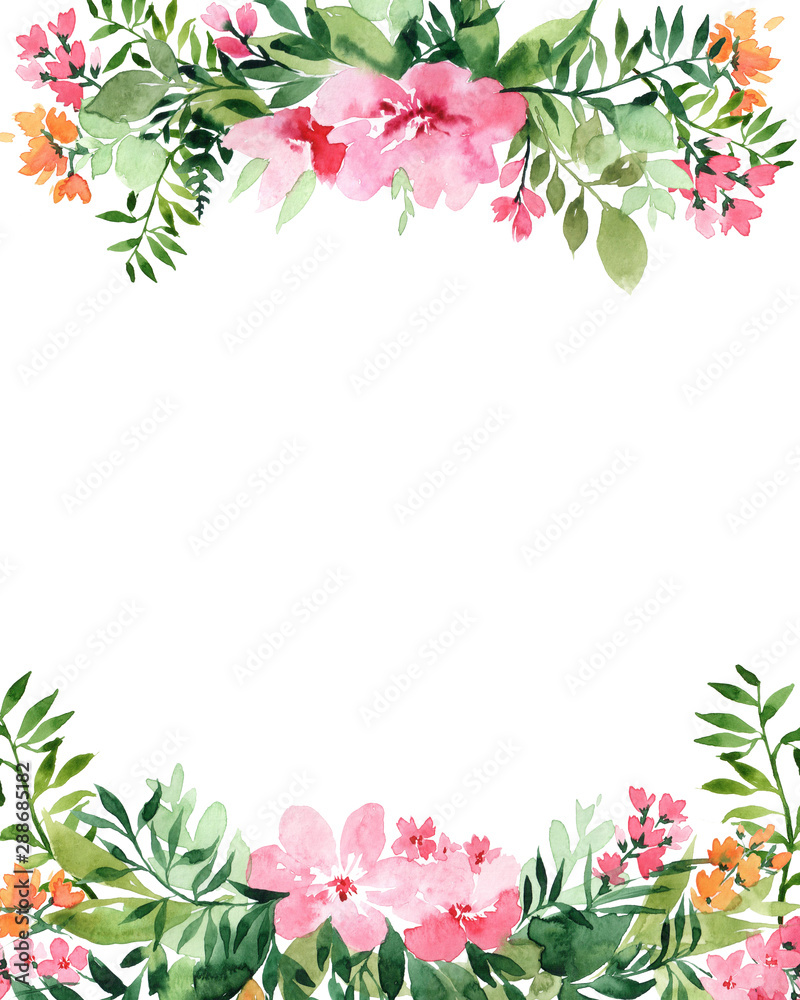 Watercolor frame with flowers, isolated on white background. Perfectly for Mother's Day, wedding, birthday, Easter, Valentine's Day