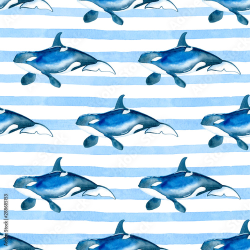 Orca on a striped background watercolor hand painted seamless pattern. photo