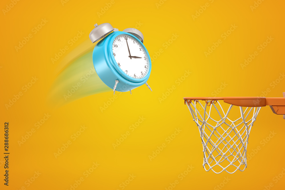 3d rendering of blue alarm clock flying into basketball hoop on yellow  background Stock Illustration | Adobe Stock