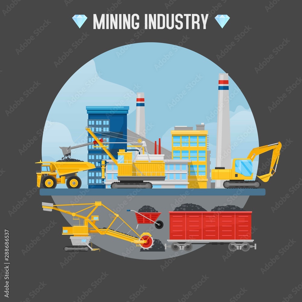 Mining industry vector illustration. Excavator loaders, hydraulic pile drilling machines, tractors at mining industry construction site.