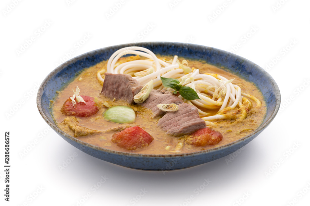 space noodle with green curry on isolated white background space noodle with green curry on isolated white background