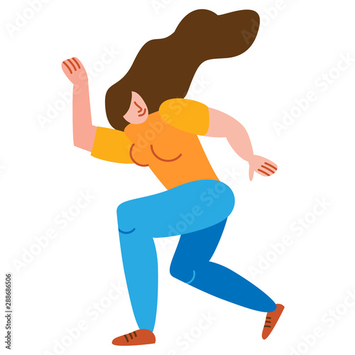 Woman dancer rejoices and dances victory dance in flat style. One arm up. Second down. The head is turned back. Brunet hair fluttering. Vector illustration isolated on white background.