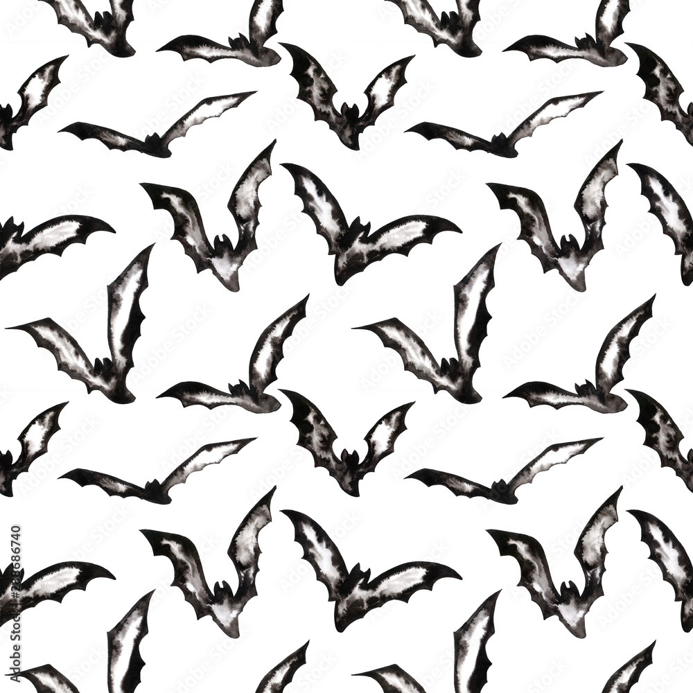 Obraz premium Watercolor monochrome seamless pattern with soaring bats on a white background for decoration on Halloween