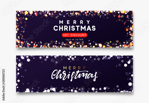 Set of horizontal backgrounds with blur bokeh effect. Christmas banner, poster, header for web site. Dark purple Xmas backdrop. Merry Christmas and Happy New Year handwritten text calligraphy.